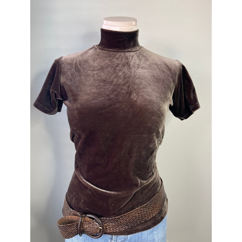Sostanza Top Brown Velvet Mock Neck Short Sleeve Vintage 90s Stretch Medium